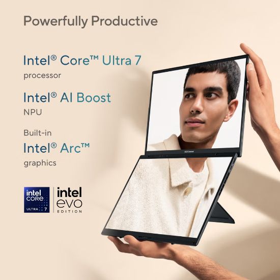 Picture of ASUS Zenbook Duo OLED UX8406MA-QL232W Intel Core Ultra 7-155H LPDDR5X 16GB	1TB M.2 NVMe™ PCIe® 4.0 SSD 14.0-inch FHD (1920 x 1200) OLED 16:10 aspect ratio, Touch screen,  Intel® AI Boost NPU Evo Intel® Arc™ Graphics UK  Win 11. 