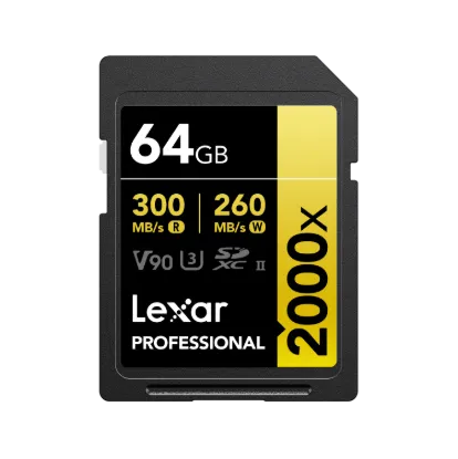 Picture of 64GB Lexar Professional 2000x SDXC UHS-II Card, up to 300MB/s read, 260MB/s write, C10 V90 U3