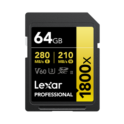 Picture of 64GB Lexar Professional 1800x SDXC UHS-II Card, up to 280MB/s read, 210MB/s write, C10 V60 U3