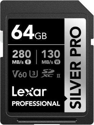 Picture of 64GB Lexar Professional SILVER PRO SDXC UHS-II Card, up to 280MB/s read, 130MB/s write, C10 U3 V60