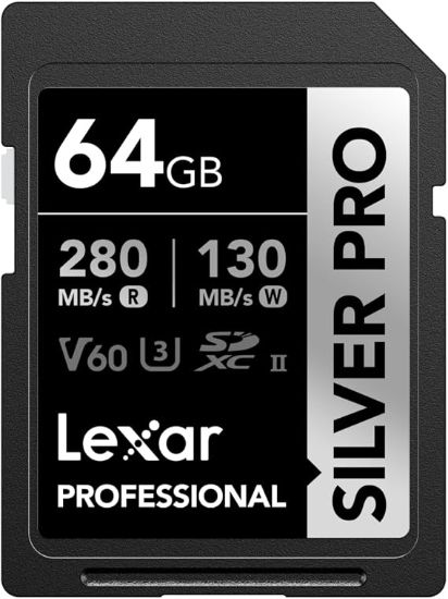 Picture of 64GB Lexar Professional SILVER PRO SDXC UHS-II Card, up to 280MB/s read, 130MB/s write, C10 U3 V60